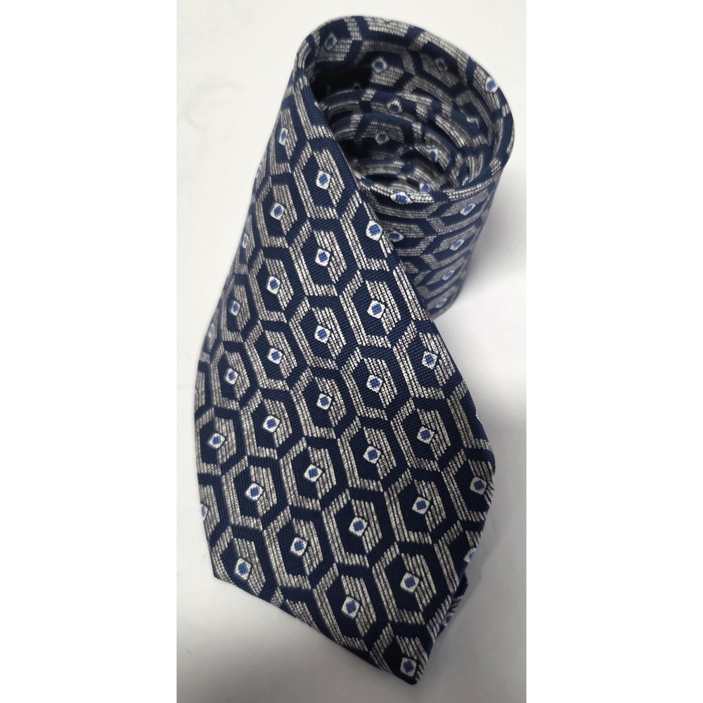 Countess Mara Necktie Blue/Gray/Ivory Geometric 100% Silk Tile Elongated Hex - Picture 3 of 12